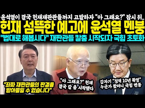 윤석열이 결국 헌재재판관들까지 고발하자 "아 그래요?" 헌재 섬뜩한 예고.. 법원 폭도들 징역 10년 확정 "법대로 해봅시다" 재판관들 칼춤 시작되자 국힘 초토화