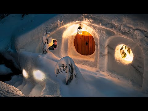 Building a Giant SNOW DUGOUT SHELTER! | Complete Build Warm Winter Shelter/Camping in Deep Snow