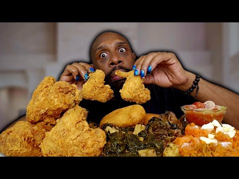 FANGA LICKING COLLARD GREENS & FRIED CHICKEN | FRIED CORNBREAD RECIPE | MUKBANG | COOKING WITH LLIPS