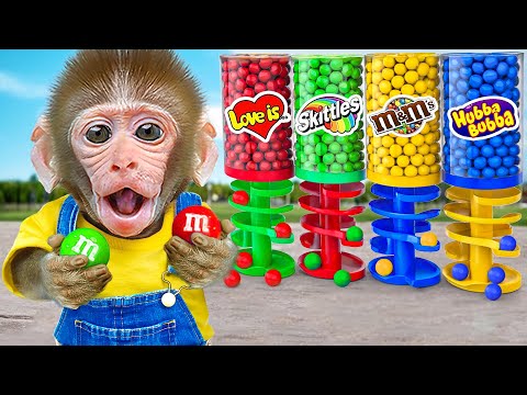 KiKi Monkey play Four Colors Yummy Candy Dispenser Machine & Marble Run with Duck | KUDO ANIMAL KIKI