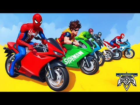 SPIDER MAN Takes on Spiral Bridge Stunt Ride on Motorcycle🦺🥽بطال الخارقين على القضبان دوامة قمع جس