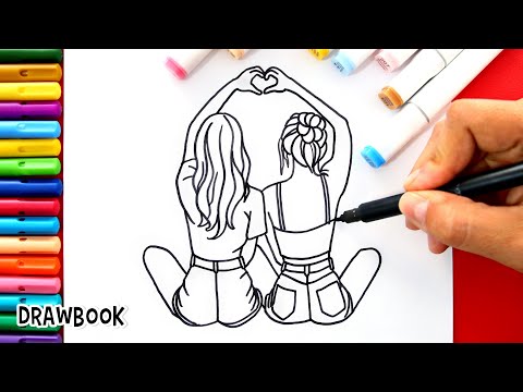 How to Draw Two GIRLS BEST FRIENDS Sitting Together Forming a Heart