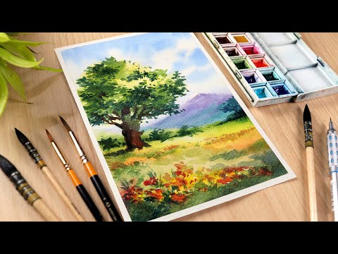 Watercolor painting for beginners Spring Season Trees Landscape