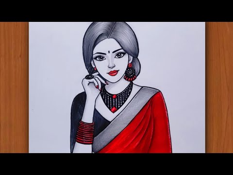 How to Draw Traditional Indian Girl Wearing Saree - Easy Pencil Drawing of girl | Tutorial