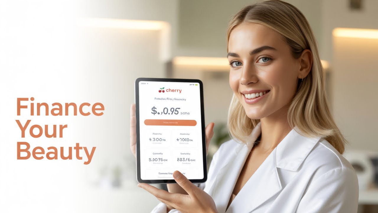 Woman promoting beauty financing on a tablet.