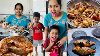 இன்னைக்கு சூப்பரான சமையல்😍😍நண்டு கிரேவியும் மீன் பொறிச்சதும்
