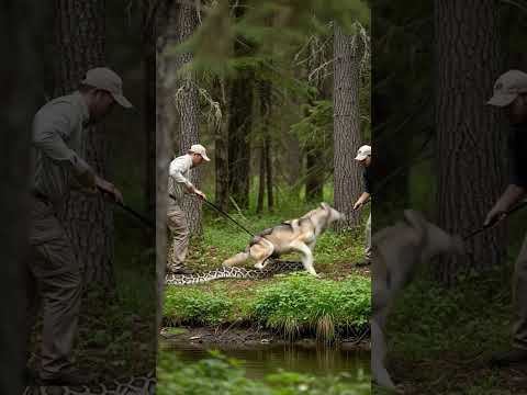 In the forest, a huge python attacked a gray wolf on the bank of a stream.