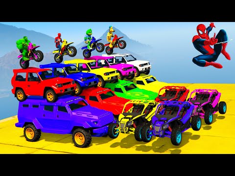 Spiderman & Super Heroes Race In Mega Ramps By Mack Trucks & Sea Bikes Super Cars