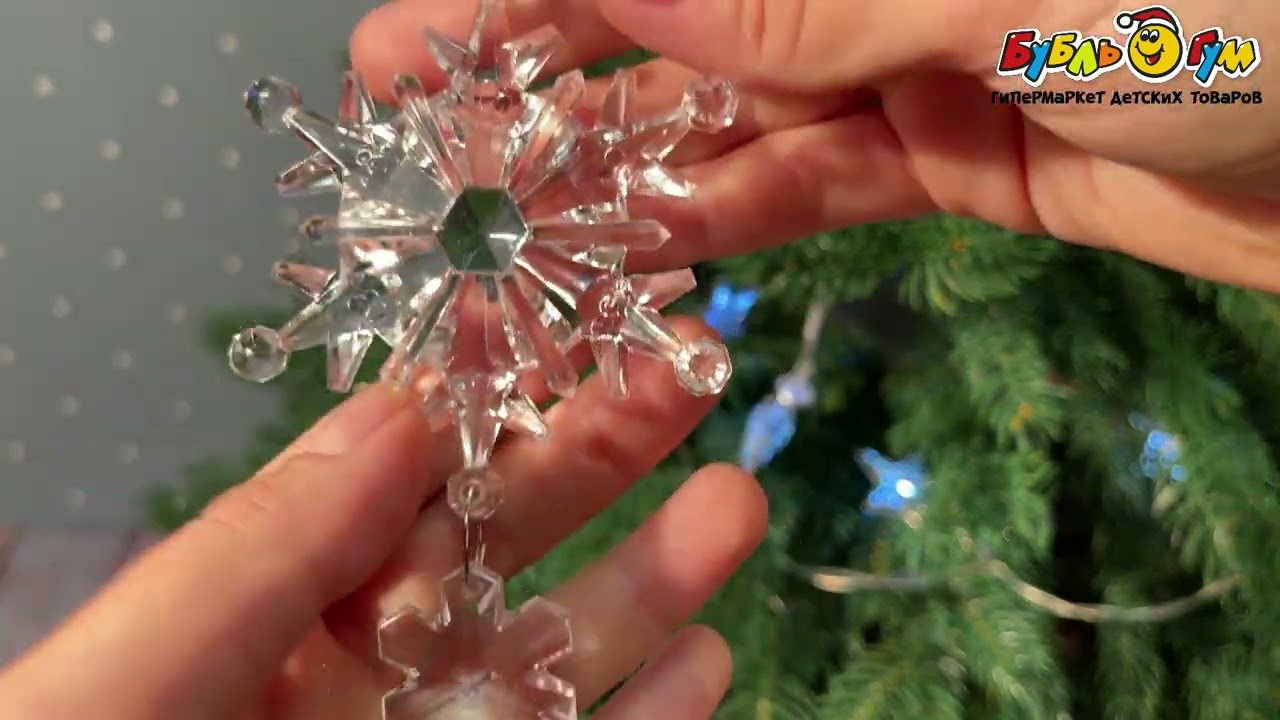 Елочное украшение подвеска Снежинки прозрачное пластиковое 23см - видео Елочное украшение подвеска Снежинки прозрачное пластиковое 23см - видео