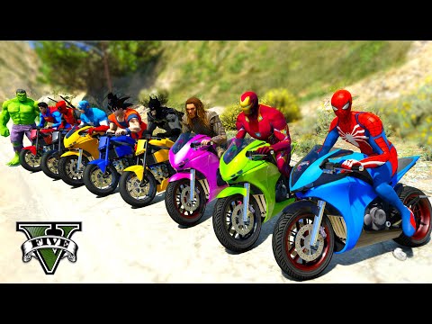 SPIDERMAN MOTORCYCLES RACING on ICE RAMP, SUPERHEROES Jumping in Grand Canyon Motos Stunts - GTA 5