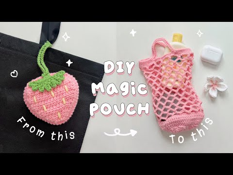 ♡ Crochet Magic Pouch that Turns into a Market Bag | Crochet Strawberry Pouch Tutorial ♡