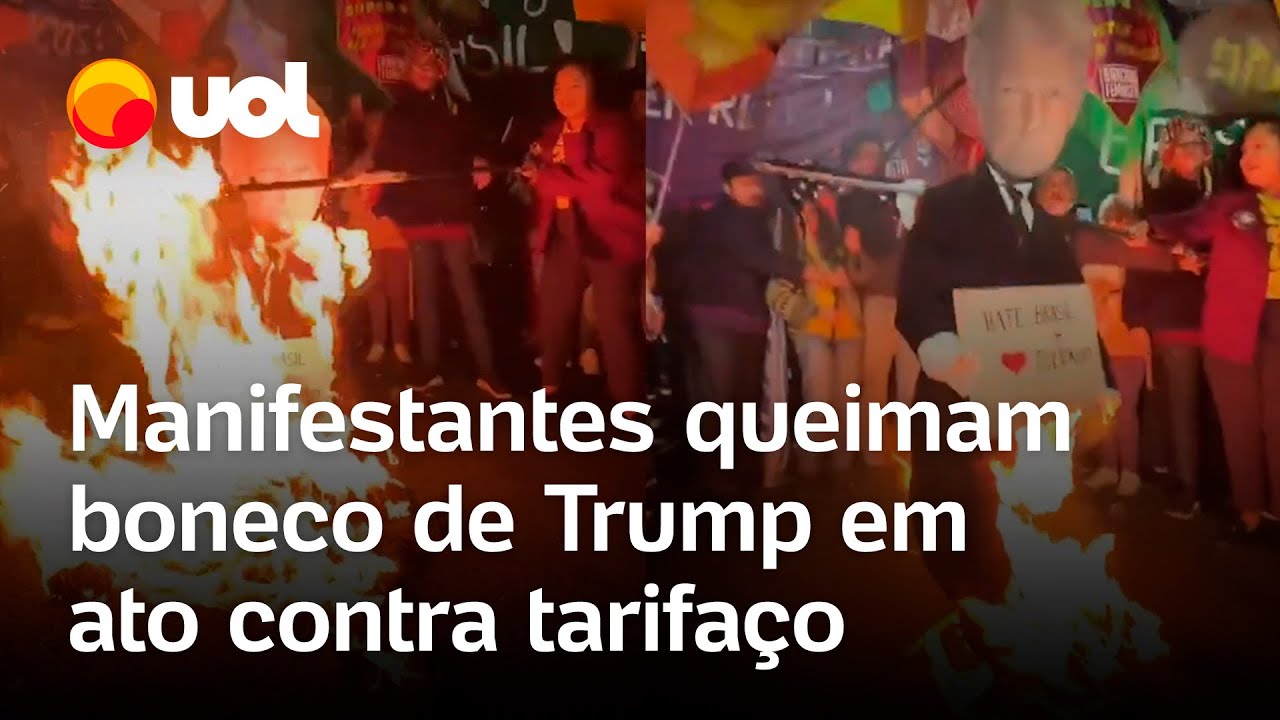 Manifestantes queimam boneco de Trump em ato contra tarifaço na Avenida Paulista em SP vídeo