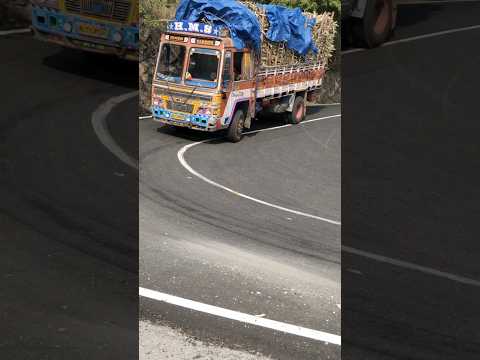 sugarcane loaded truck in sharp curve ghat road dhimbam #lorry #truck #drivingskills #trucklovers