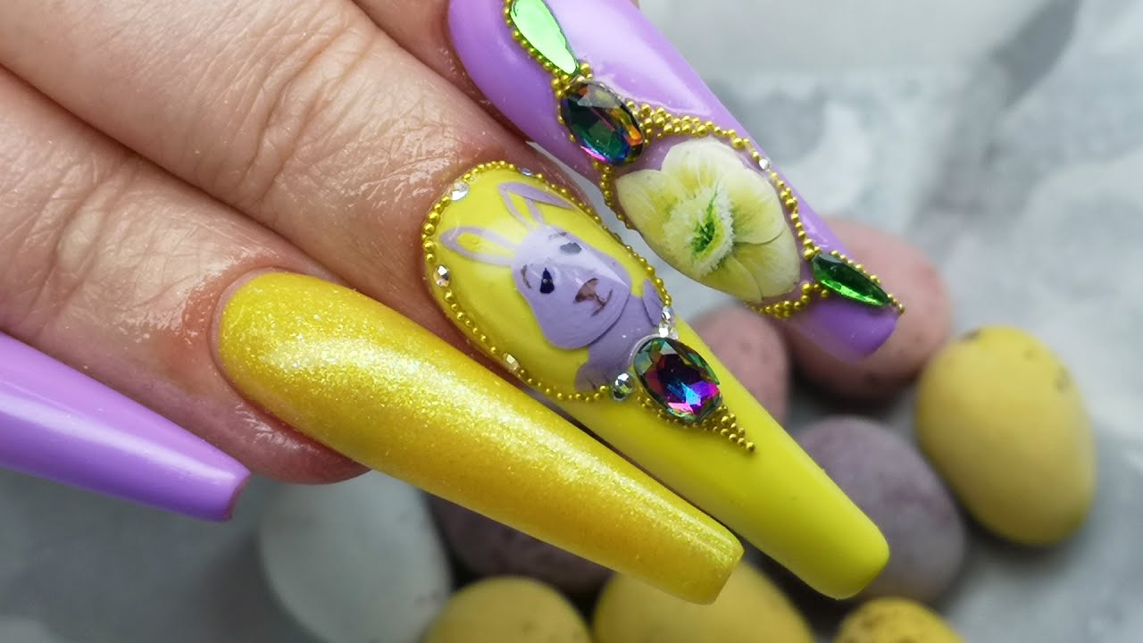 Acrylic Nails Re-Design - Part 3: Layered Easter Bunny and Bling Application