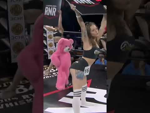 Ring girl gets tackled by her dwarf girlfriend in a teddy bear costume at RNR #boxing