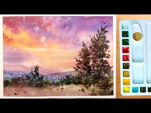 Watercolor Wonders: Painting a Sunset Over Hilly Grassfields Landscape