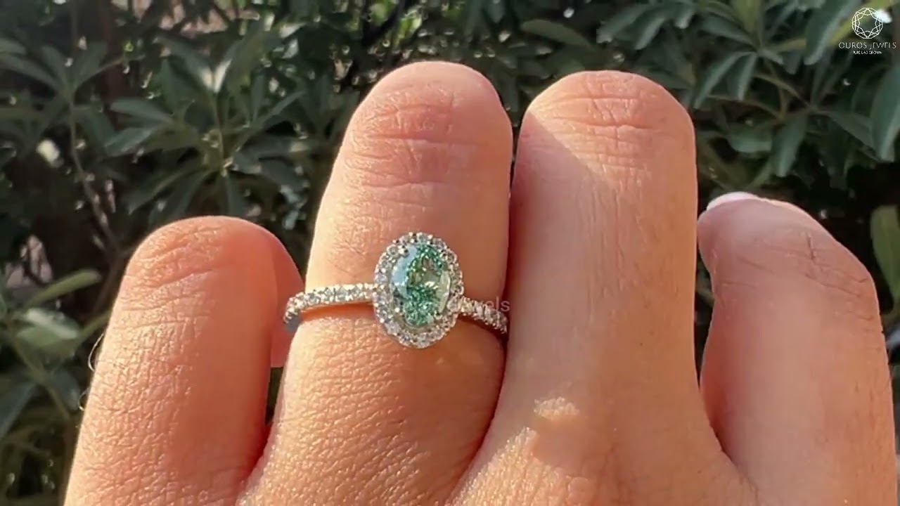 Green Oval Cut Halo Diamond Engagement Ring 