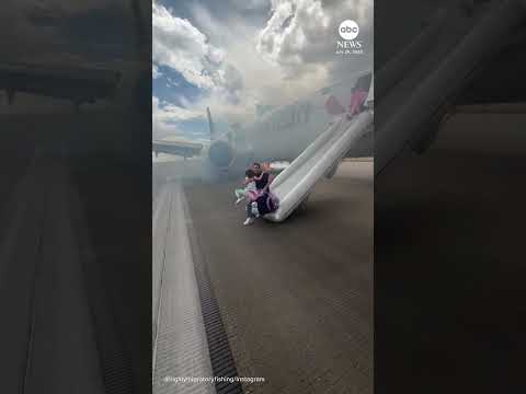 Passengers exit plane via emergency slide after aborted takeoff