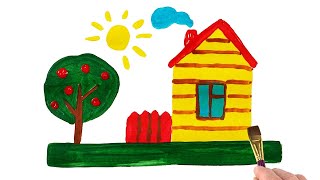 How to Draw and Paint House Scene Landscape for Kids and Toddlers | Acrylic painting for kids