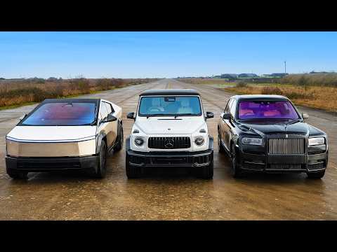 테슬라 사이버 트럭 vs 롤스로이스 컬리넌 블랙 배지 vs 신형 AMG G63 - 드래그 레이스!