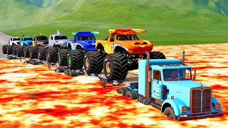 Flatbed Long Trailer Monster Trucks Transport Crossing Lava Truck Car Rescue - BeamNG.drive