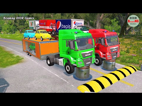 Double Flatbed Trailer Truck vs speed bumps|Busses vs speed bumps|Beamng Drive|1015