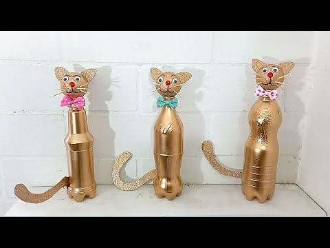 hacer GATOS decorativos de botellas plásticas recicladas FACIL manualidad de reciclaje