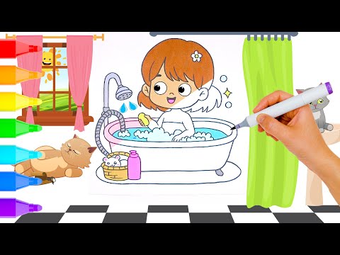 Coloring a Little Girl In The Bath 🛀🏼 🧽 Drawing for Kids | Nursery Rhymes For Babies