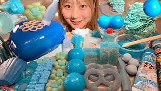 ASMR Blue Desserts💙Stretchy Candy, Gumballs, Honey Jelly 【Mukbang/ Eating Sounds】【English subtitles】