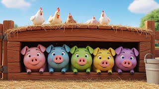 Five colorful piglets—pink, blue, green, yellow, and purple