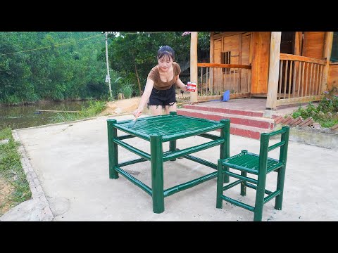 Make Bamboo Table And Chair Placed In The New Kitchen - Alone BUILD LOG CABIN Off grid