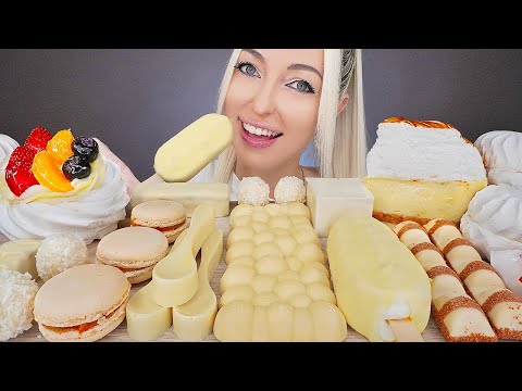 ASMR EATING WHITE FOOD, CHOCOLATE, ICE CREAM, CAKE, EDIBLE SPOON, KINDER, MUKBANG, 초콜릿, 컬러 먹방