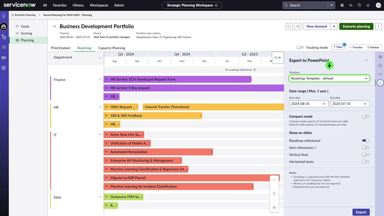 Export the portfolio plan or roadmap to Microsoft PowerPoint from Strategic Planning