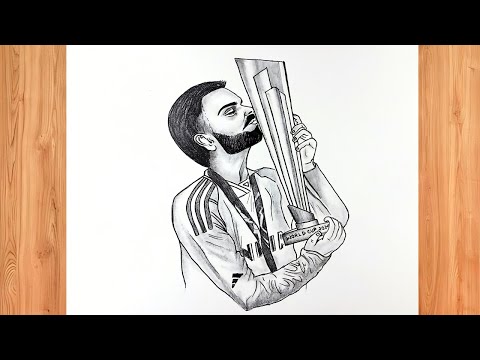 How To Draw Virat Kohli With T20 Worldcup Trophy Step By Step || Virat Kohli (T20 Worldcup2024)