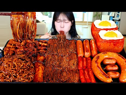 ASMR MUKBANG| 직접 만든 불닭 짜장 버섯 소세지 스팸 먹방 & 레시피 FIRE BLACK BEAN MUSHROOMS AND SAUSAGES EATING