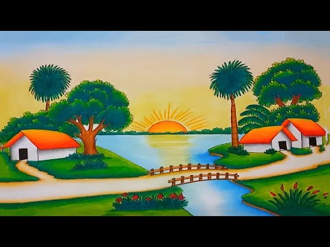 How to Draw a Riverside Village Scenery Step by Step | Sunrise Drawing Easy for Beginners