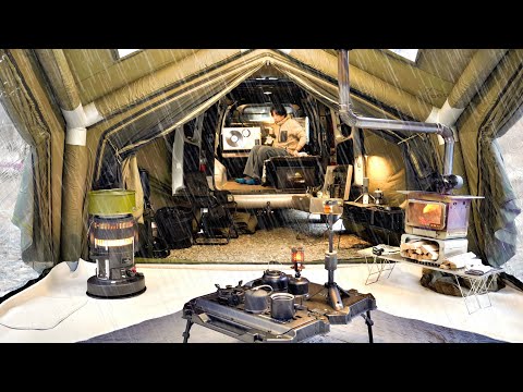 INFLATABLE TENT DOCKED TO TRUCK. WINTER CAMPING in the RAIN