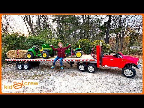 Farm delivery with kids ride on semi truck and trailer, tractor, forklift. Educational | Kid Crew