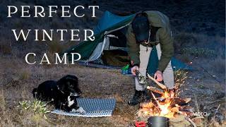 Freezing Winter Camp in Unique Backcountry Spot - Warm Campfire & Canine Companion