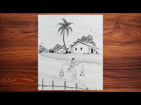 How to draw Village Scenery | Village in Winter easy drawing | গ্রাম বাংলার দৃশ্য