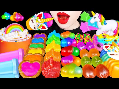 ASMR UNICORN RAINBOW DESSERTS 유니콘 디저트 먹방 *직접만든 유니콘 케이크, 코로로 젤리, 무지개 코하쿠토 KOHAKUTO JELLY CAKE MUKBANG