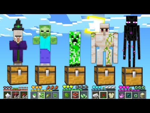 MOBS on ONE BLOCK CHEST HOW TO PLAY MOBS in MINECRAFT GOLEM VILLAGER ZOMBIE ENDERMAN CREEPER Battle