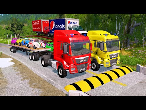 Double Flatbed Trailer Truck vs Speedbumps Train vs Cars Beamng.Drive