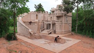 Build Creative Wonderful Mud Villa With Water Slide Park & Underground Swimming Pool