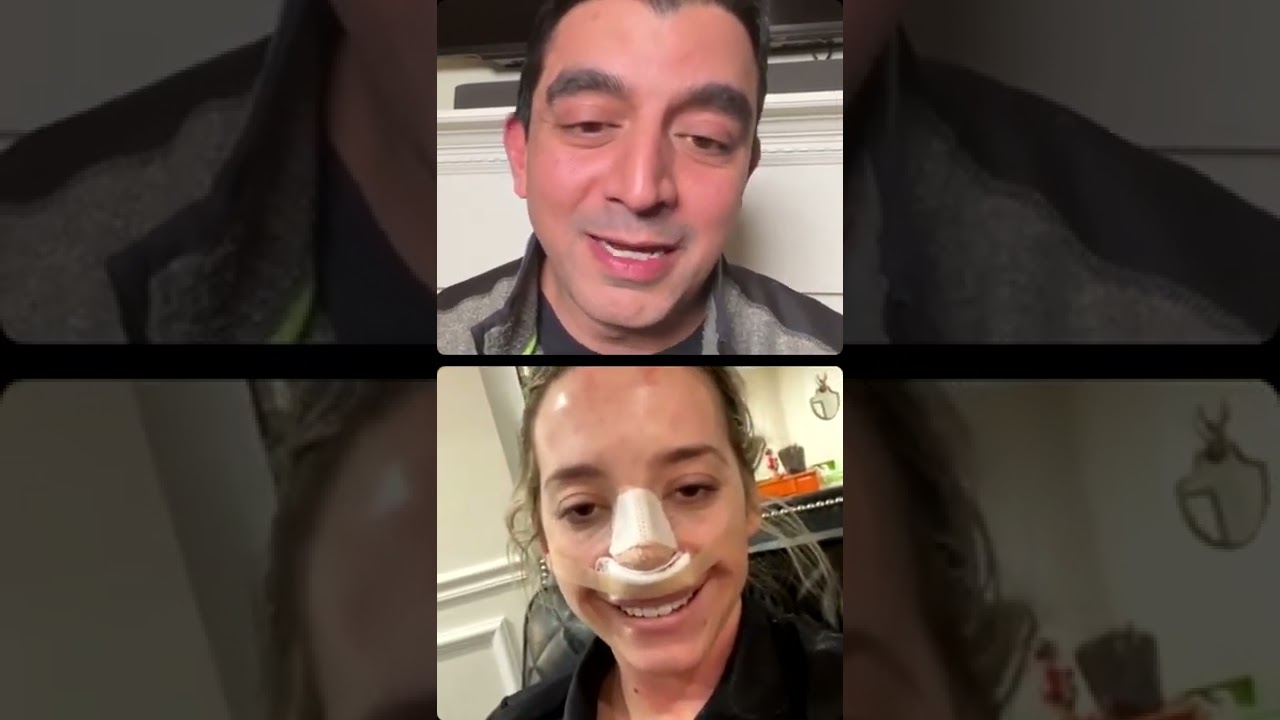 Video call between two friends smiling.