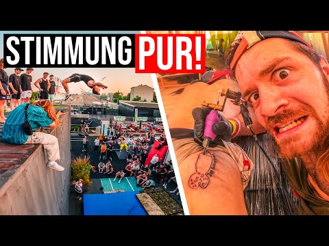 Parkour PARTY in BERLIN! | Kranker Poolsprung, dumme FAILS & Schlappen TATTOOS! | Stride Berlin Jam
