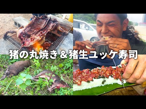 猪の反撃突進...イノシシ丸焼き＆猪肉ユッケ寿司で宴だぁ‼︎‼︎