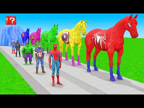 Red SPIDERMAN By Rainbow Horses On Spiderman Bridge Fountain Crossing Vs Shark Spiders Animals Game