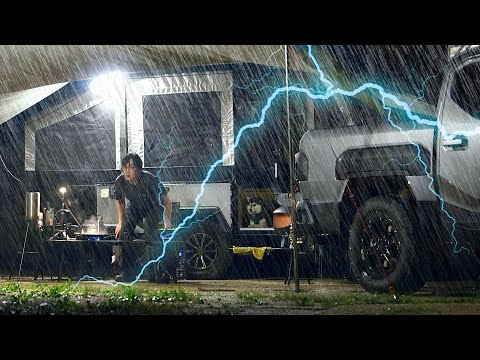$40,000 NEW TRUCK + $9,900 AUTOMATIC TENT CAMPER ☔ CAMPING IN THE HEAVY RAIN