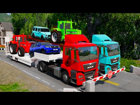 Double Flatbed Trailer Truck vs Speedbumps vs Train vs Cars | Tractor vs Train Beamng.Drive #009